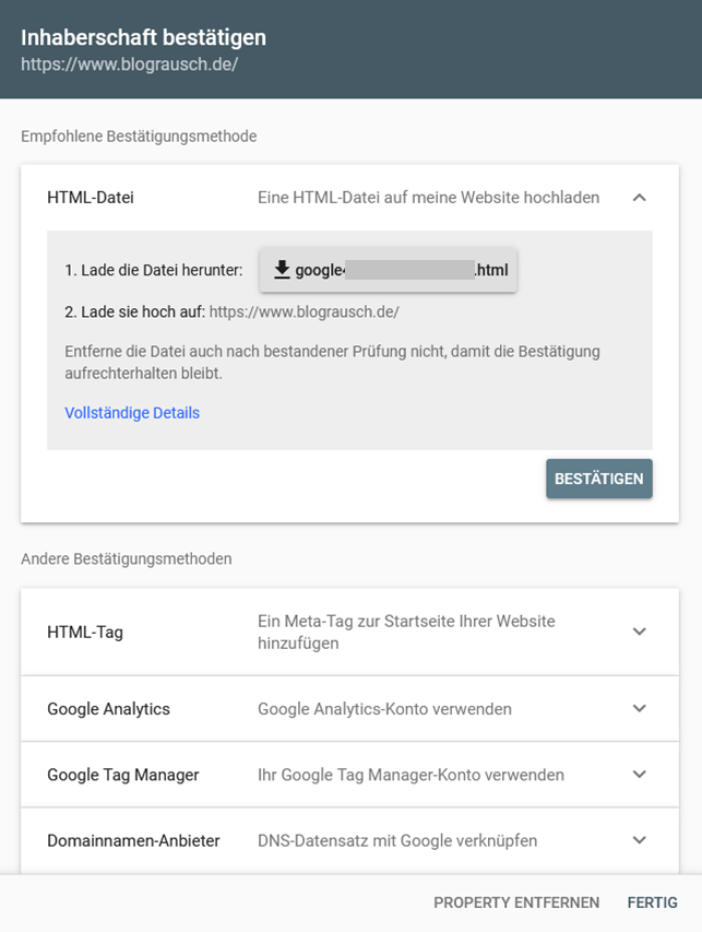 Google Search Console - Inhaberschaft bestätigen