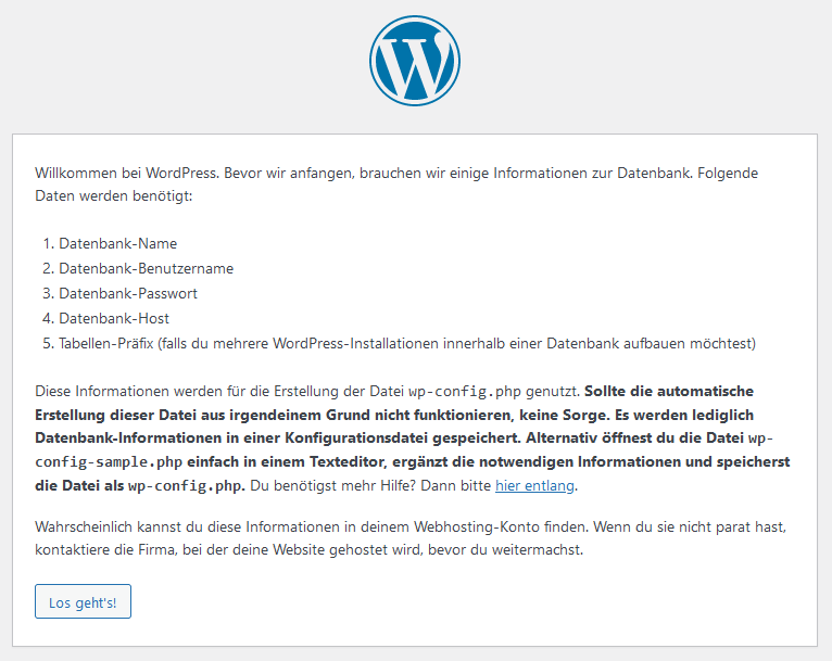 WordPress Installation Datenbank Informationen - Schritt1